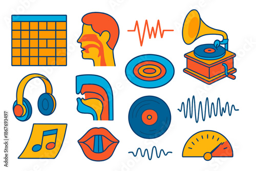 Vintage Phonetic Icons. Isometric vector illustration set Vintage Phonetics: old IPA chart, mouth vocal tract, zigzag sound wave,