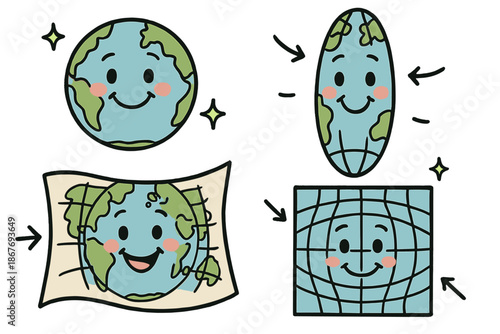 Joyful Globe Projections. Joyful doodle globe projection comparison with happy spheres, cartoon map sheets stretching, smiling