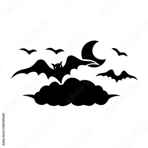 A haunting halloween night silhouette of a large bat soaring under a crescent moon