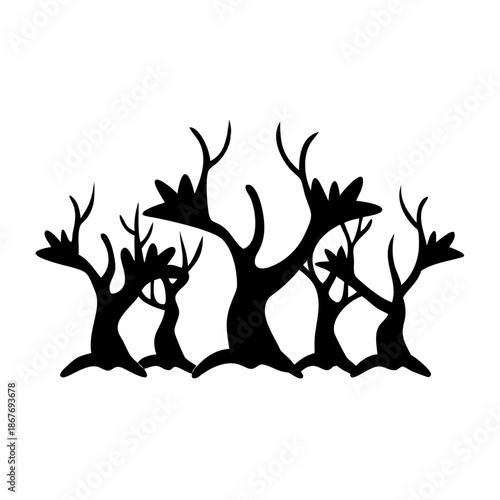 Abstract forest scene featuring a unique collection of black tree silhouettes on white