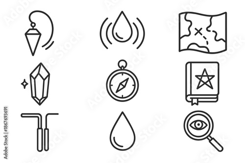 Mystical Exploration Icons. Line style icons of Mystical Exploration: Pendulum, Energy Detection, Map Divination, Unusual
