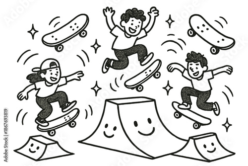 Cartoon Skate Park Fun. Playful doodle skate park with smiling ramps, cartoon skateboards bouncing, cheerful teens performing