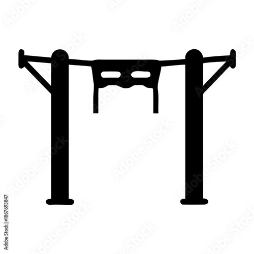 Stylized silhouette of a decorative banner or mask suspended between two upright poles