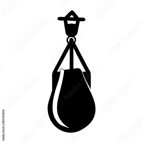 A simple black and white vector icon of a hanging punching bag for fitness and sport