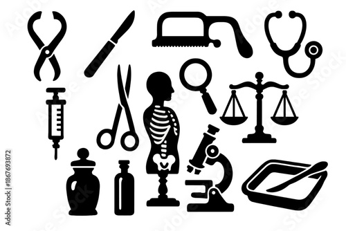 Antique Medical Tool Icons. Solid style icons of Antique medical tools: caliper, scalpel, bone saw, stethoscope, glass syringe,