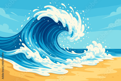 Sunny Coastal Waves. Dynamic wave crashing on a sandy shore under bright sunlight, vibrant blue and white tones, perfect vector