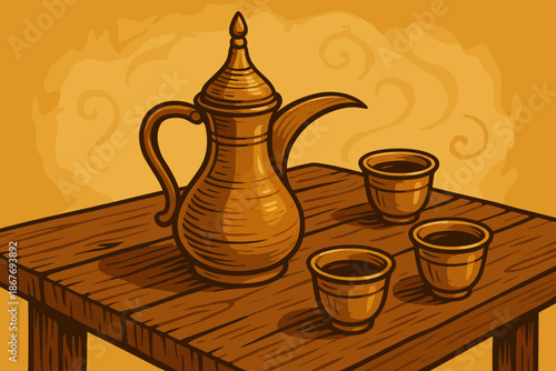 Middle Eastern Coffee Set. Rustic Middle Eastern coffee pot with small cups arranged on a wooden table, warm golden tones