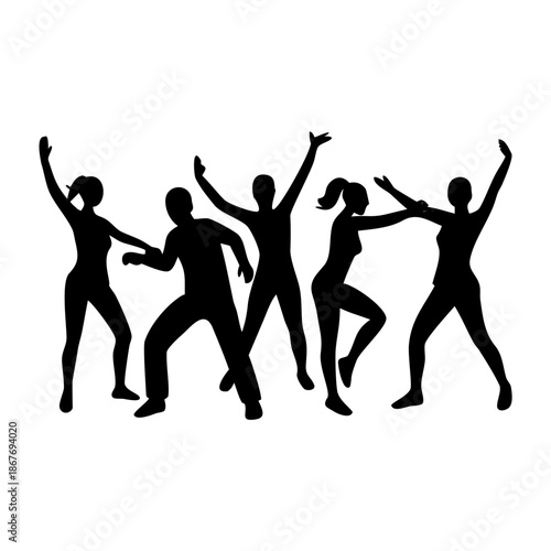 Energetic silhouettes of diverse people dancing and exercising joyfully