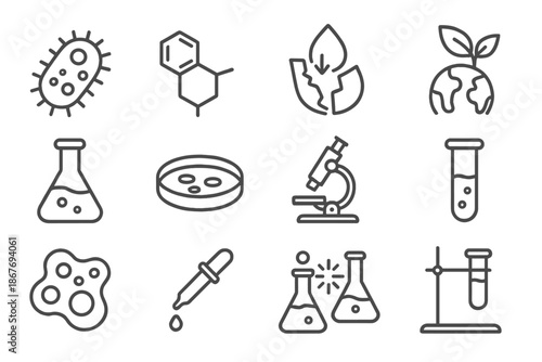 Microbial Cleanup Icons. Line style icons of Microbial Cleanup: Bacteria, Polymer Chain, Breakdown Process, Environmental Solution