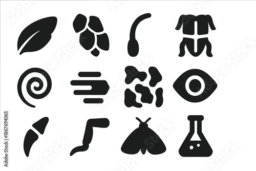 Insect Adaptation Icons. Solid style icons of evolutionary adaptations in insects: wing, scale, antenna, exoskeleton, spiral,