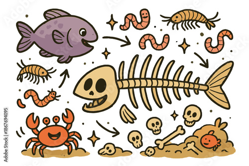 Deep Sea Doodle. Playful doodle deep-sea scavenger succession with happy fish and crustaceans, cartoon worms and amphipods
