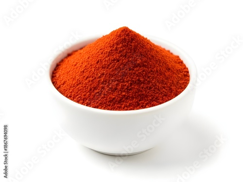 A small white bowl of red chili powder with rich deep red color and fine granular texture, evenly lit, isolated on a clean white background.