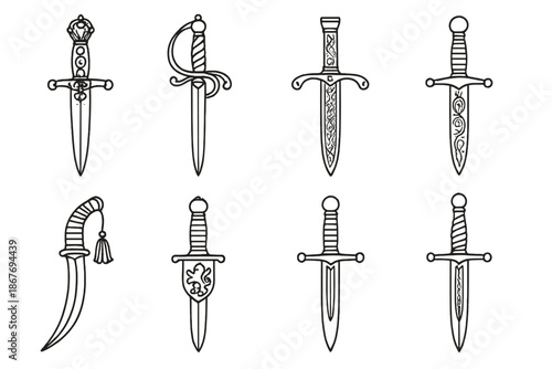 Ornate Weapon Icons. Line style icons of ornate weapons: jeweled hilt, twisted guard, decorated scabbard, engraved blade; curved
