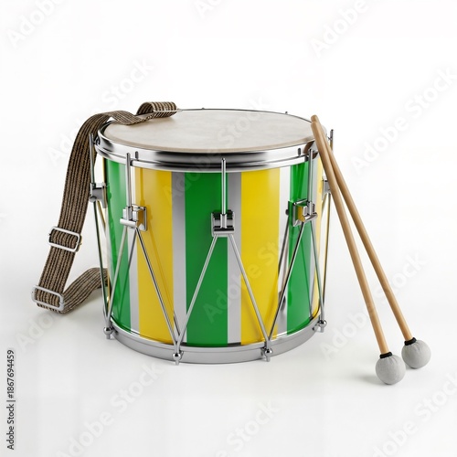 Brazilian Percussion Drum with Green and Yellow Colors and Mallet