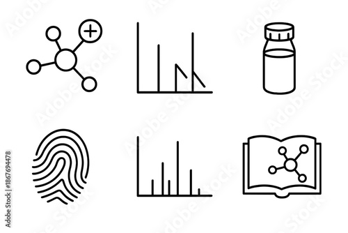 Chemical Identification Icons. Line style icons of Chemical Compound Identification: molecular ion peak, fragmentation pattern,