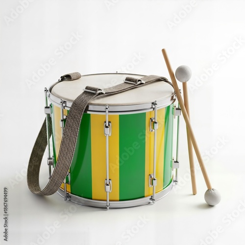 Brazilian Percussion Drum with Green and Yellow Colors and Mallet