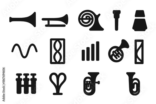 Brass Instrument Harmonics Icons. Solid style icons of brass instrument harmonics: trumpet bell, trombone slide, French horn coil,