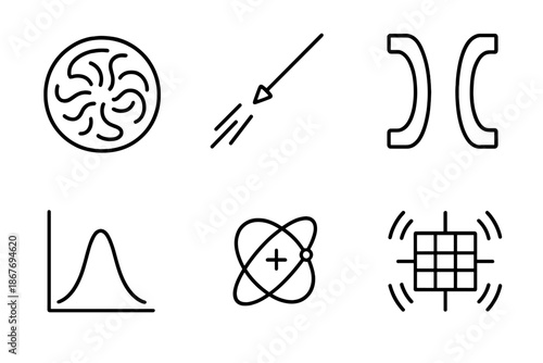 Fusion Plasma Icons. Line style icons of High-Temperature Plasma: fusion-grade plasma ball, energy input beam, vacuum chamber wall