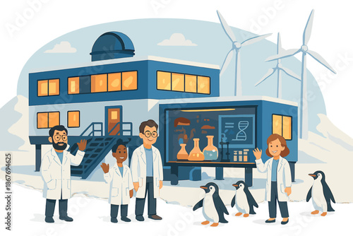 Research Station with Penguins. Modern research station with friendly scientists, glowing labs, wind turbines smiling, and