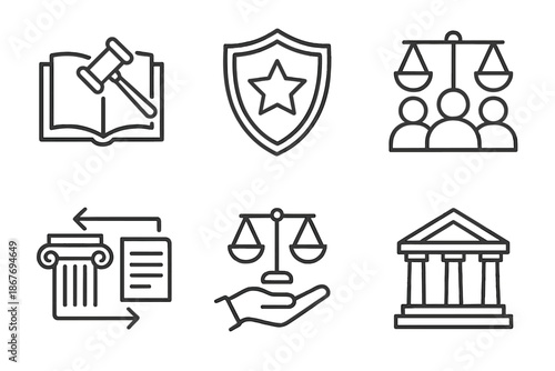 Law and Society Icons. Line style icons of Law and Society: law in culture icon, civic responsibility badge, community with law