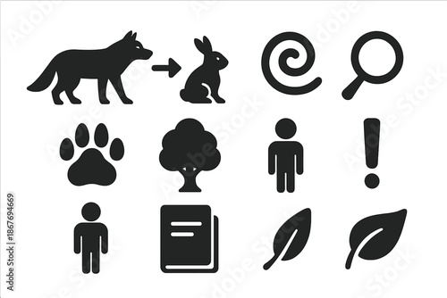Predator Prey Icons. Solid style icons of predation and risk assessment: predator silhouette, prey silhouette, arrow, spiral, paw