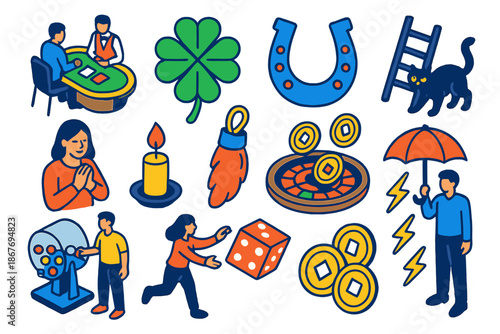 Symbols of Luck. Isometric vector illustration set Sociology of luck: gambling tables, ritual objects, lucky charms, cultural