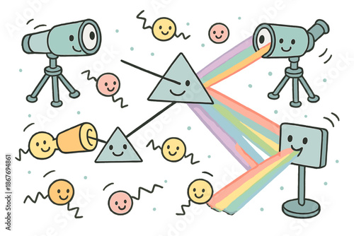 Whimsical Doodle Laboratory. Whimsical doodle laboratory with smiling telescopes, happy prisms splitting beams, cheerful detectors