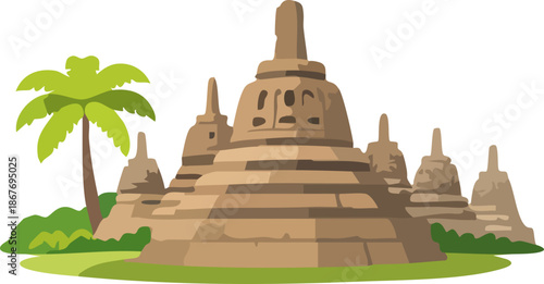 A flat vector illustration shows an ancient stone Buddhist temple with multiple stupas surrounded by greenery and a palm tree, evoking a serene historical landscape.