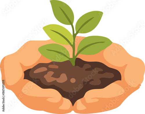 A flat vector illustration depicts two caring hands holding soil with a small green plant sprouting, symbolizing growth, sustainability, and nurturing nature.