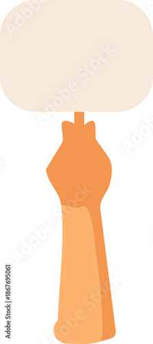 A flat vector illustration depicts a raised hand holding a blank protest or message sign against a dark background, symbolizing expression and communication.