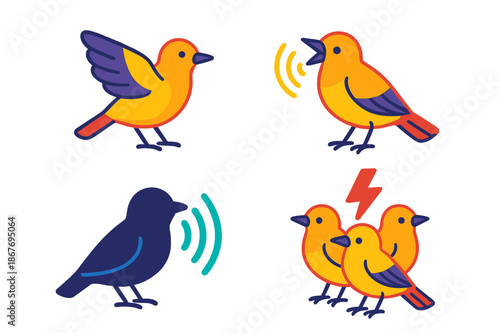 Avian Signal Icons. Isometric vector illustration set Avian Communication Signals: Wing tilt cue, rhythmic wingbeat, call icon