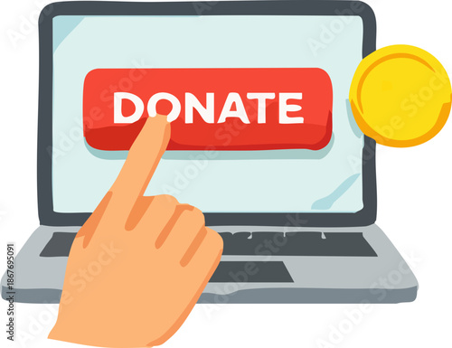 A flat vector illustration shows a hand pressing a red “Donate” button on a laptop screen with a gold coin icon, symbolizing online charity and digital fundraising.