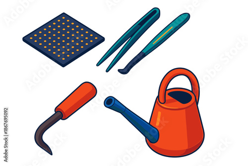 Bonsai Tool Icons. Isometric vector illustration set Bonsai Essentials: Drainage mesh, bonsai tweezers, root hook, watering can
