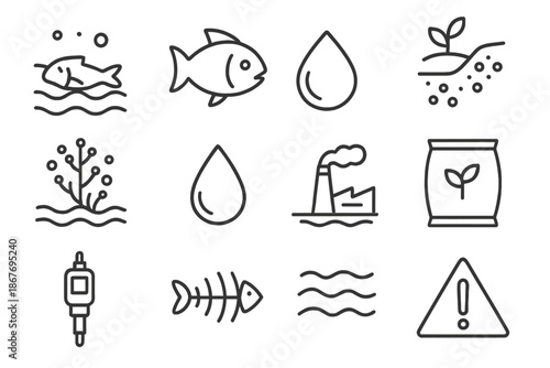Aquatic Pollution Icons. Line style icons of Aquatic Ecosystem Threat: Dead Zone, Fish Gill, Hypoxia, Nutrient Runoff; Algae Bloom