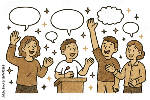 Magical Speaking Workshop. Magical doodle public speaking workshop with smiling instructors, cartoon participants practicing,