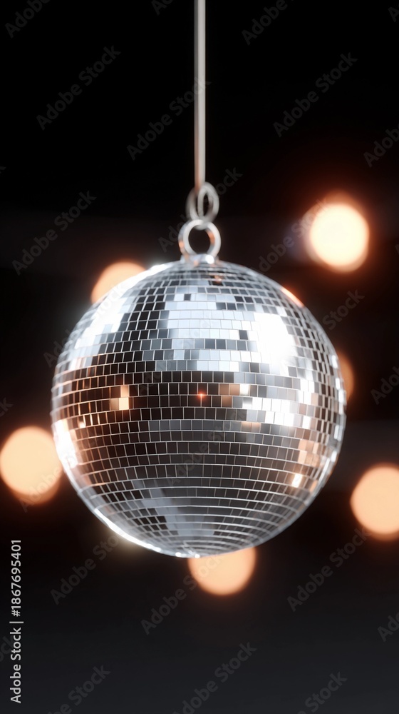 Fototapeta premium A silver disco ball is hanging from a string