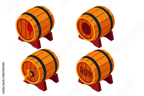 Vibrant Beverage Barrels. Isometric vector illustration set Beverage Barrel Types: Wine barrel with red stain, whiskey barrel with