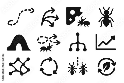 Ant Colony Optimization Icons. Solid style icons of ant colony optimization: ant trail, pheromone path arrows, food source icon,