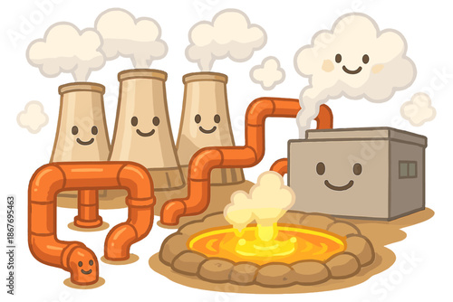 Smiling Geothermal Energy. Geothermal power plant with smiling turbines, glowing hot springs, and friendly pipes carrying steam No