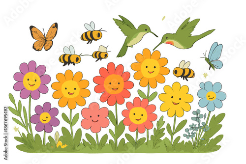 Pollinator Meadow Harmony. Pollinator meadow with bees, butterflies, and hummingbirds working together among smiling blossoms No