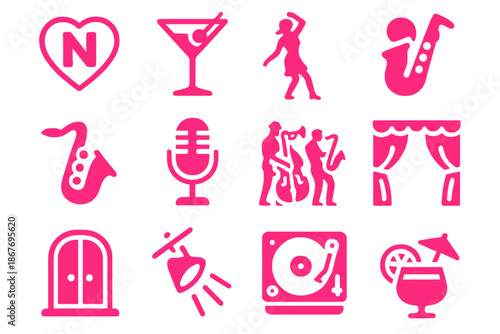 Neon Jazz Elements. Solid style icons of Neon Nights: Neon Sign, Martini Glass, Dancing Silhouette, Saxophone, Microphone, Jazz