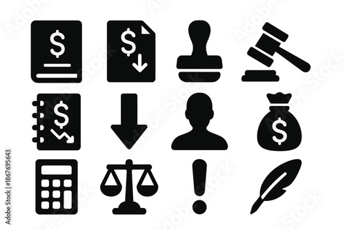 Bankruptcy Icons Collection. Solid style icons of bankruptcy documentation and procedures: ledger, document, stamp, gavel,