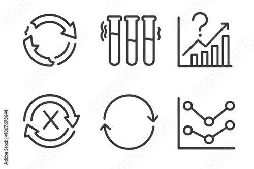 Replication Crisis Icons. Line style icons of Replication Crisis: broken data repeat icon, shaky test tubes, question mark over