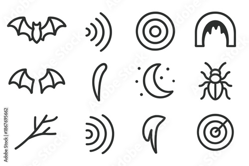 Bat Echolocation Icons. Line style icons of Predator Detection: Bat, Echolocation, Sound Wave, Prey Location; Wings, Fang, Cave,