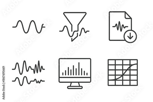 Signal Processing Icons. Line style icons of Signal Processing Applications: digital signal wave, filter icon with waveform,