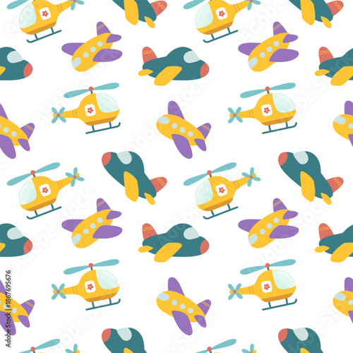 Seamless pattern with cute toy planes and helicopters on a white background. Ideal for kids design, nursery decor, fabric, wrapping paper, wallpaper, and baby products. Vector illustration.