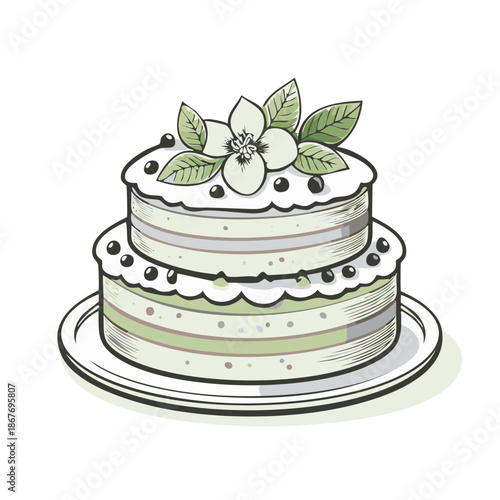 Layered cake illustration with flower and leaves topper dessert on plate festive baking