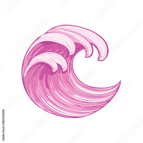 Stylized Illustration of a Breaking Ocean Wave in Pink Hues with Line Texture for Graphic Design Projects