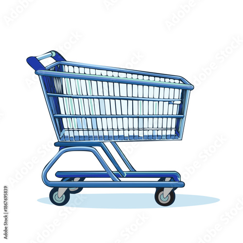 Blue shopping cart graphic illustration, side view shopping trolley isolated on white background. Grocery store equipment for food purchase.