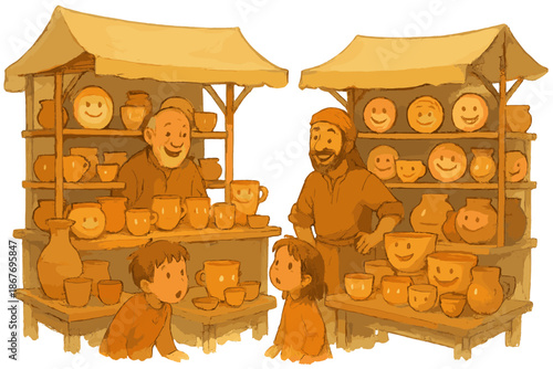 Glowing Pottery Market. Pottery market with stalls full of glowing cups, laughing plates, curious children, and friendly traders